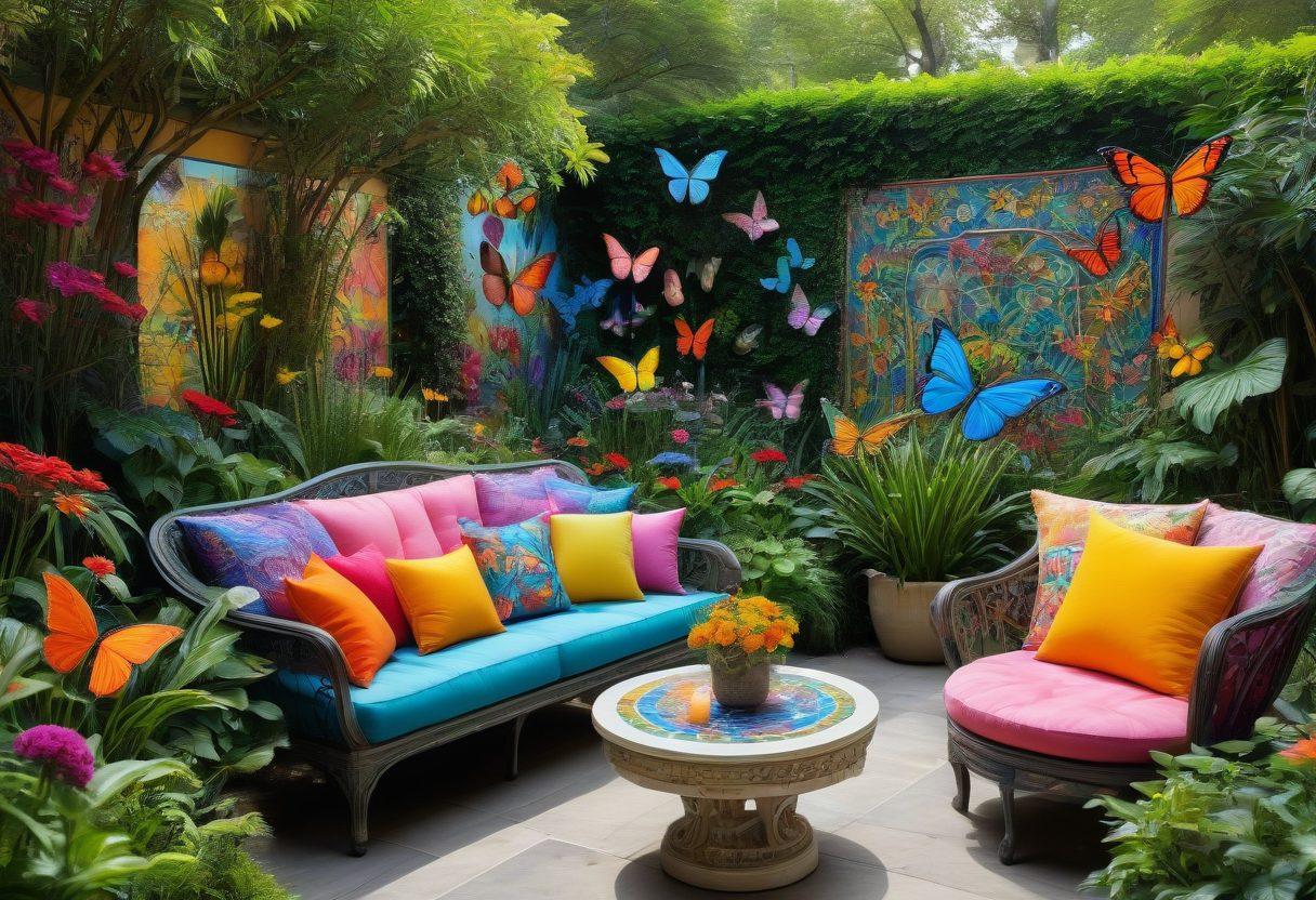 A vivid scene depicting a lush garden sanctuary, brimming with rainbow-colored flowers and mosaic art installations. Include diverse individuals of various LGBTQ+ identities joyfully interacting and engaging in creative activities amidst colorful decorations and bright foliage. Naturally, a cozy seating area with colorful cushions invites relaxation, while butterflies flit around, adding to the vibrancy. This illustration embodies inclusivity and the celebration of diversity within a serene environment. vibrant colors. super-realistic. whimsical style.