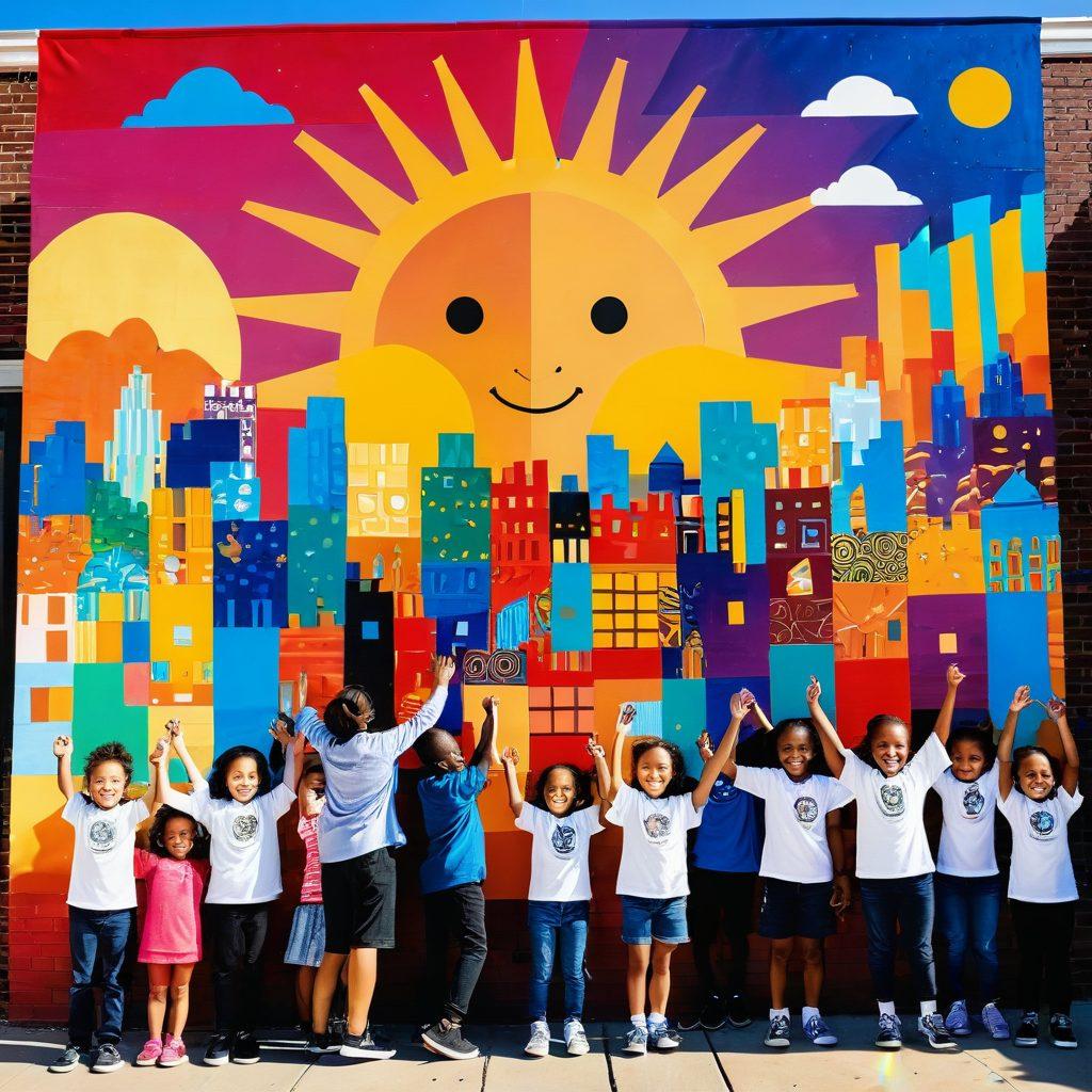 A vibrant mural featuring diverse children joyfully collaborating on a giant art project, surrounded by colorful building blocks symbolizing inclusivity and creativity. In the background, a bright sun shines down, casting a warm glow over the scene, representing hope and future potential. Incorporate various artistic styles from different cultures to emphasize diversity. This tapestry of creativity evokes a sense of community and happiness. vibrant colors. super-realistic.