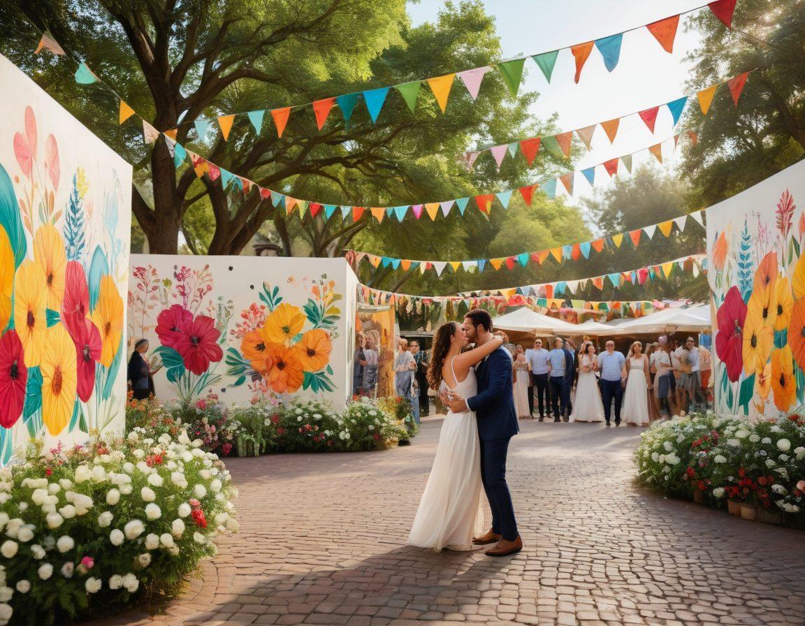 A bustling community square filled with diverse couples of all ages celebrating love, surrounded by colorful banners and flowers. People are dancing, laughing, and sharing heartfelt moments, with murals depicting scenes of unity and joy in the background. Soft, warm lighting enhances the romantic atmosphere, while trees and plants flourish in vibrant hues of green and blooming colors. Capture the energy of love transforming the environment into a utopian setting. super-realistic. vibrant colors. 3D.